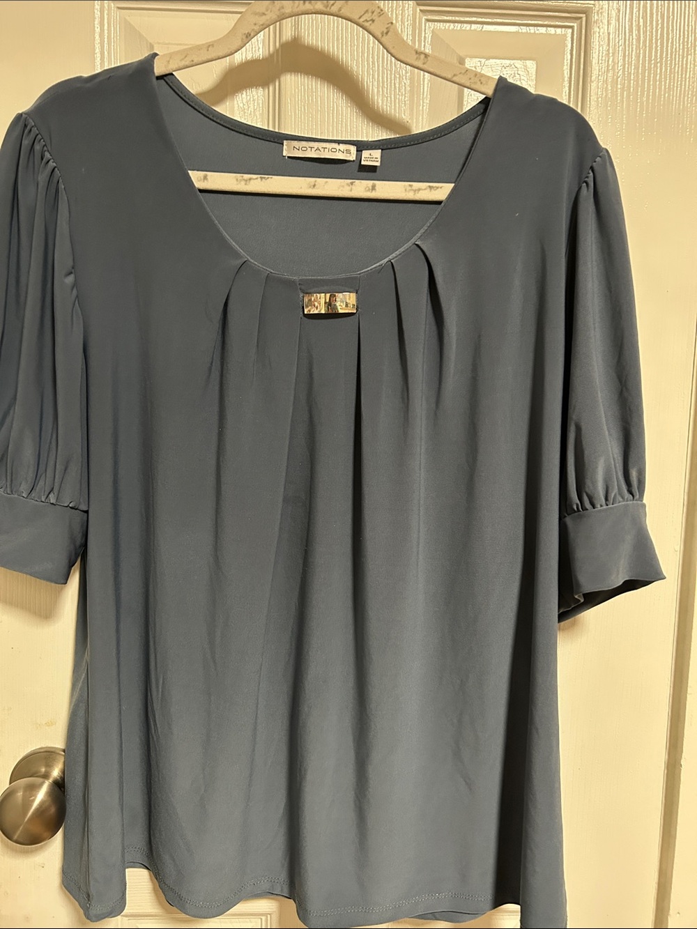 Notations Slate Blue Pleated Scoop-Neck Blouse with Gold Accent